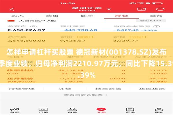怎样申请杠杆买股票 德冠新材(001378.SZ)发布一季度业绩，归母净利润2210.97万元，同比下降15.39%